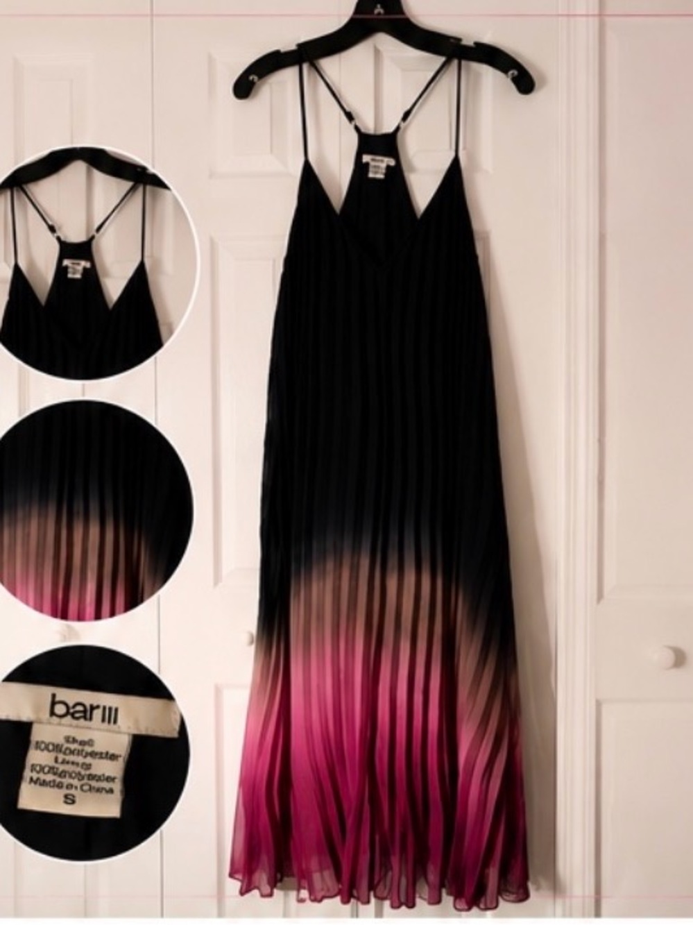 Bar III Black to Magenta Ombre Pleated Maxi Dress with Spaghetti Straps